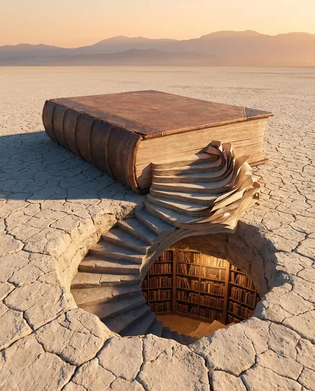 An open book in the desert whose pages become a staircase down into a library