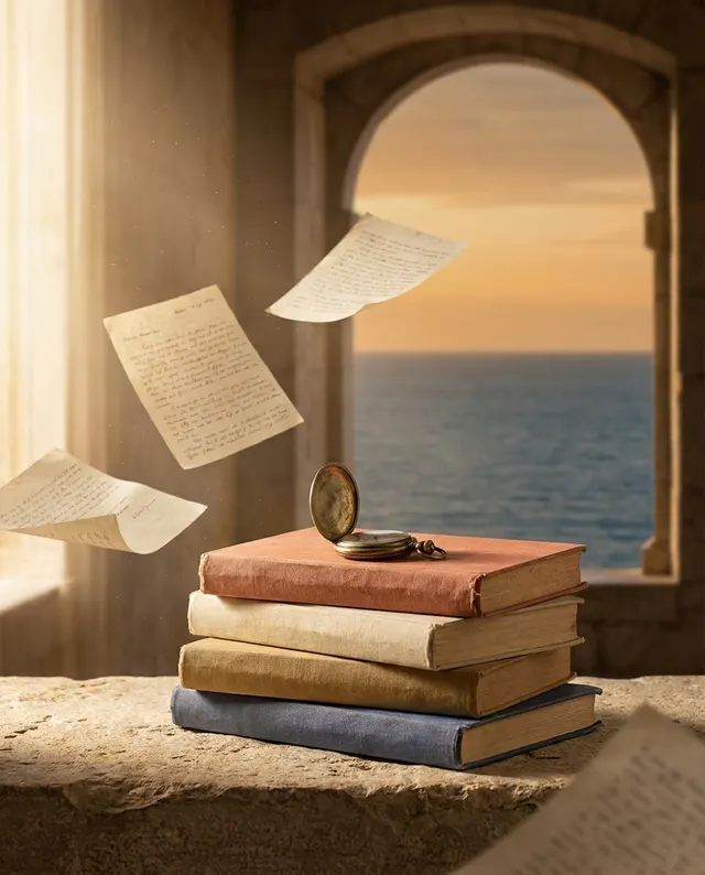 A stack of old books with a brass pocket watch on a stone windowsill above the sea