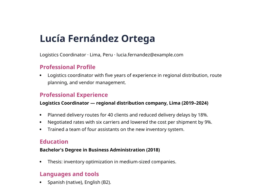 English translation: A Spanish CV, returned as an editable Word file
